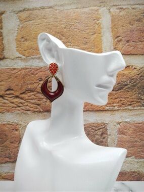 Retro Chic Statement Drop Earrings – Red & Gold Enamel | Bold & Elegant